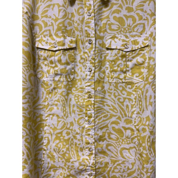 CHARTER CLUB Woman 100% Linen Roll Tab Sleeve Button Up Shirt, Chartreuse/White - Picture 5 of 10